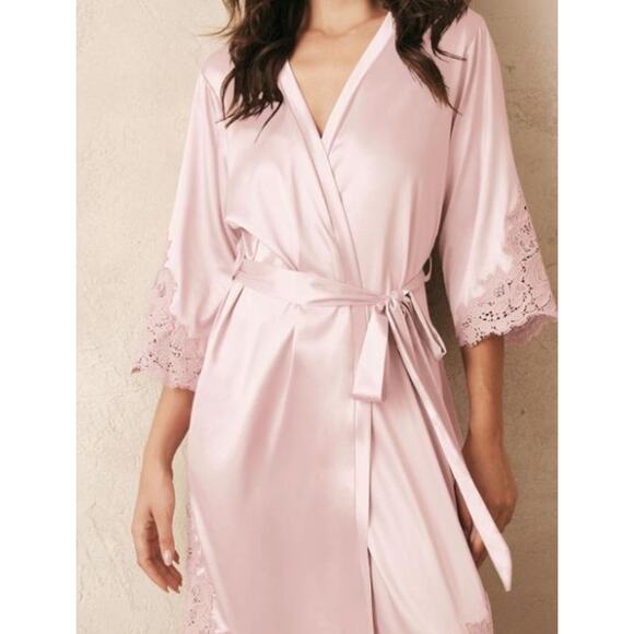 AW BRIDAL SZ L pink lace sleeve satin loungewear belted robe NEW B108 - Picture 1 of 7